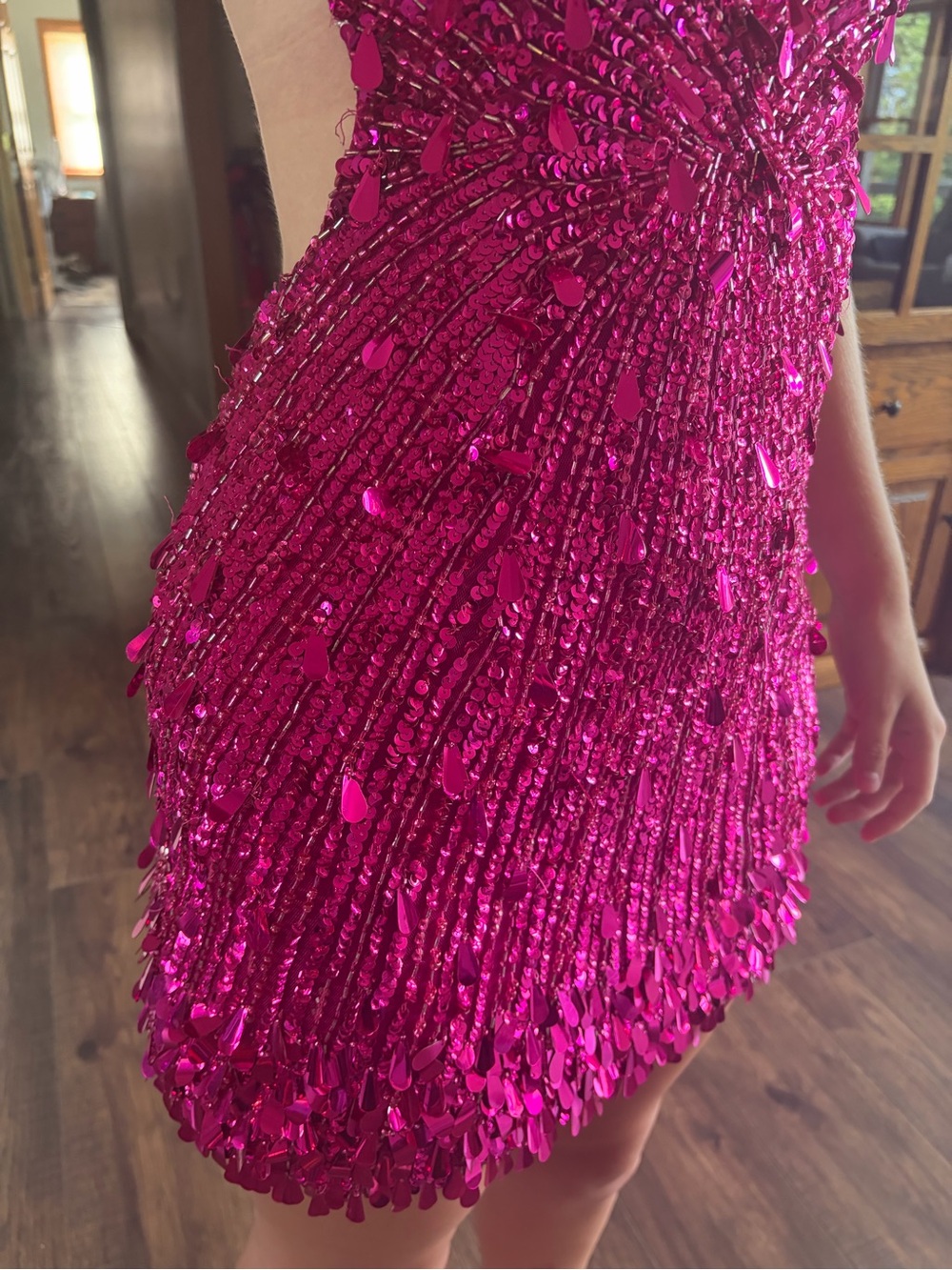 Sherri Hill Hot Pink Sequin Plunge V-Neck Mini Dress - Picture 3 of 4